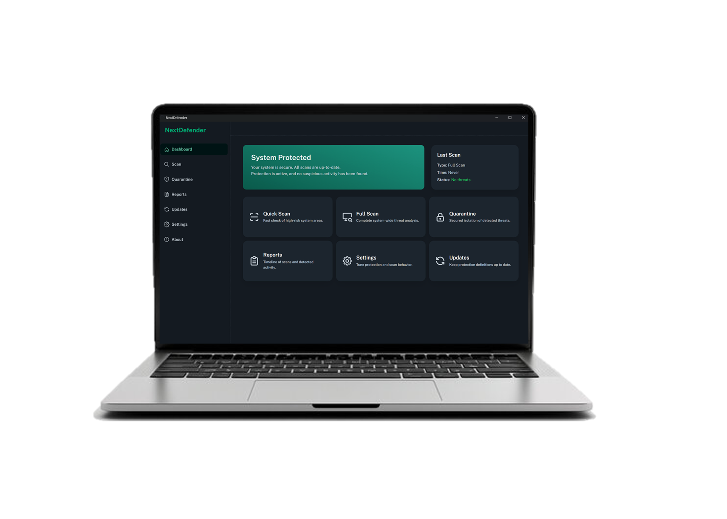 NextDefender antivirus dashboard showing real-time protection status